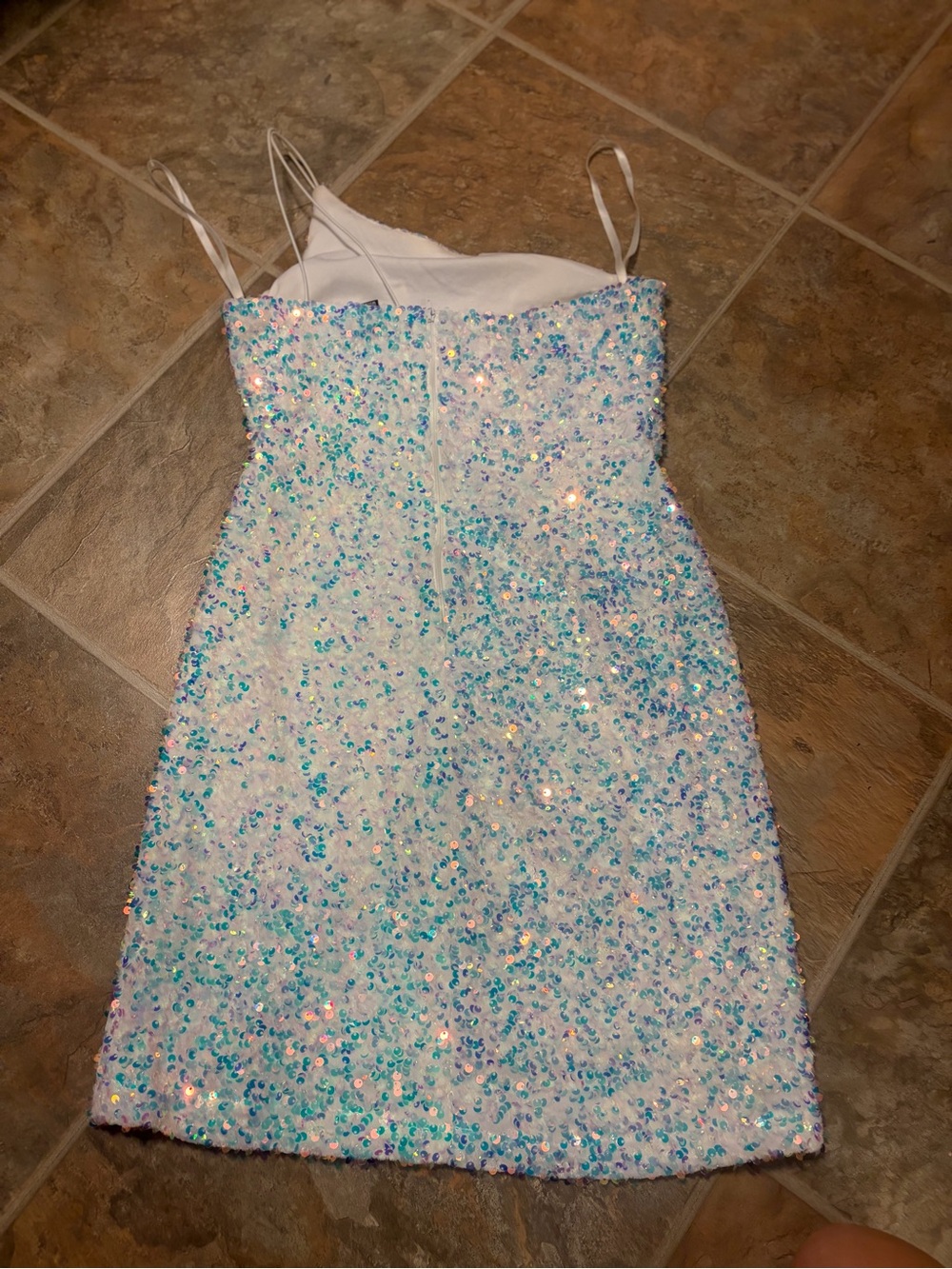 Windsor Sequin One-Shoulder Mini Dress in Iridescent White-Blue Med - Picture 4 of 5